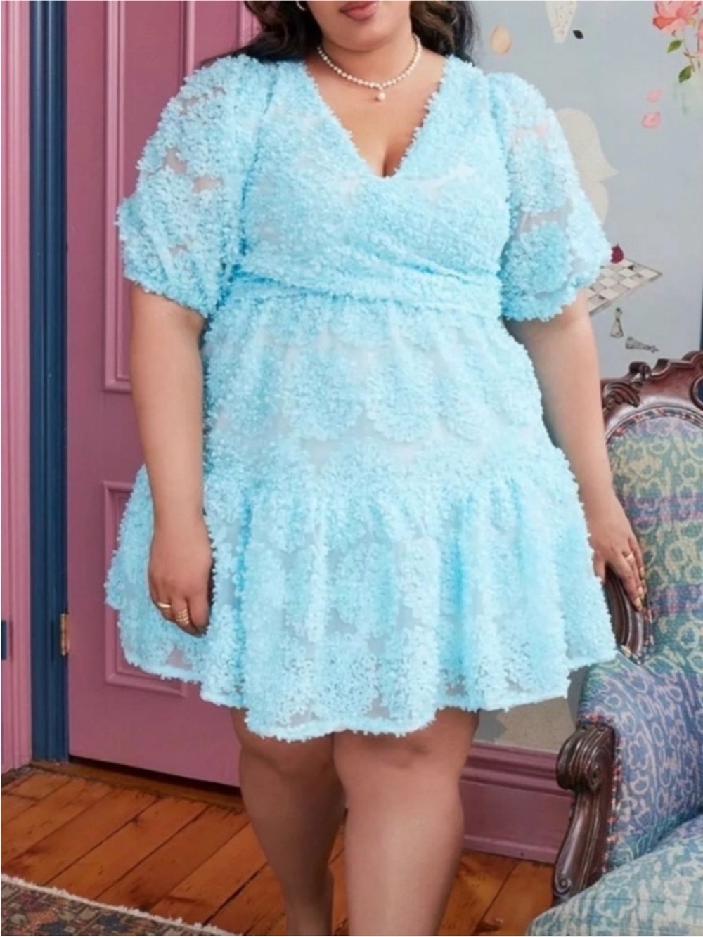 Eloquii Light Blue Textured Puff-Sleeve Mini Dress